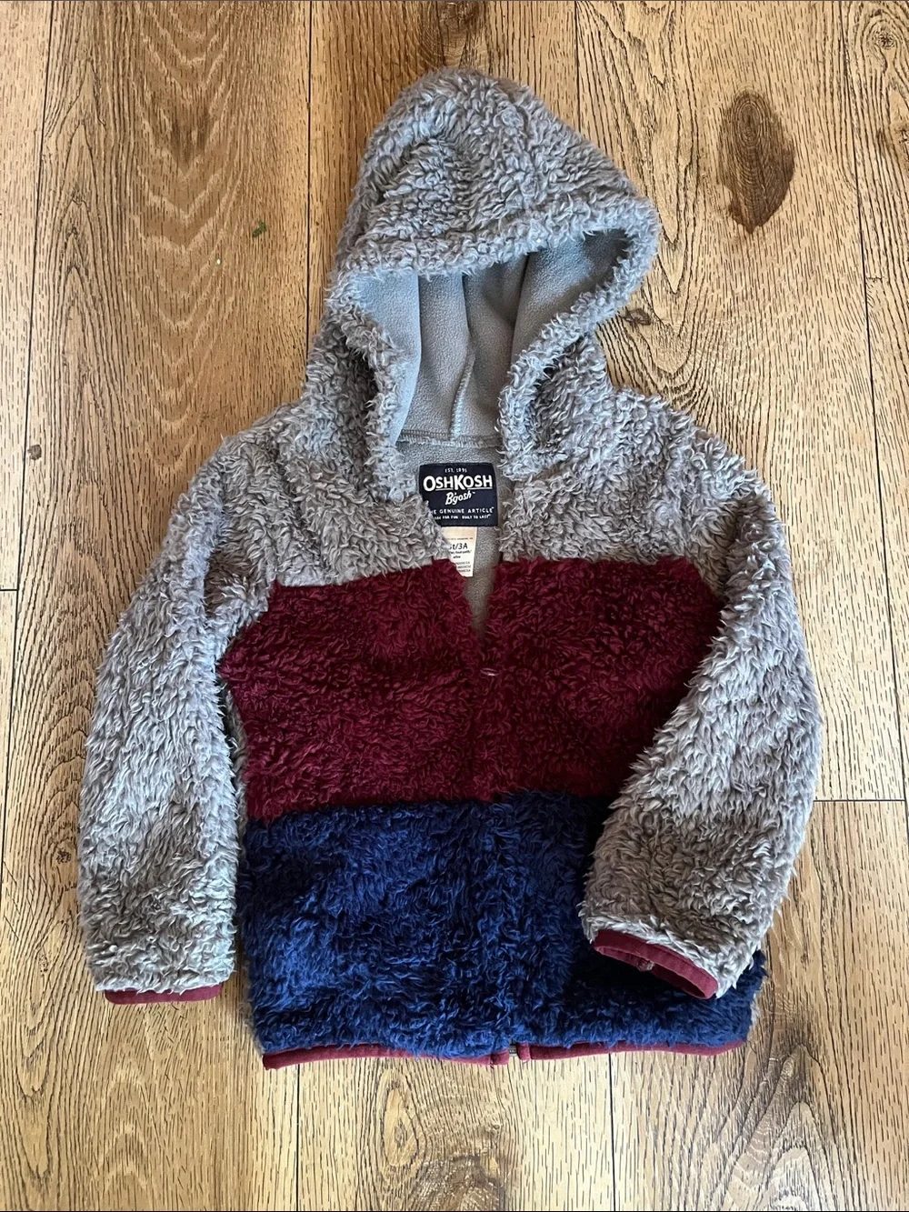 OshKosh B'gosh Colorblock Sherpa Hoodie in Gray, Burgundy & Navy